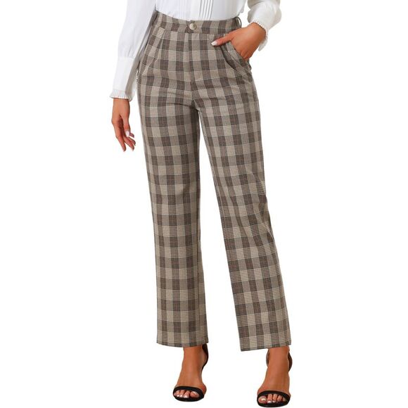 Allegra K Pants - Plaid Pants Elastic Waist Casual Work Office Long Trousers Beige Black